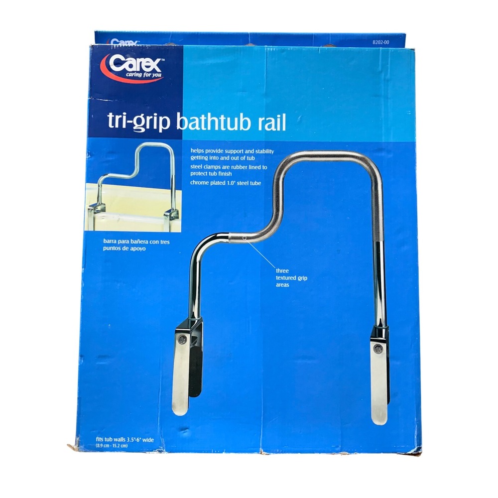 New in Box Carex Tri-Grip Bathtub Safety Bar Rail w/ Chrome Finish